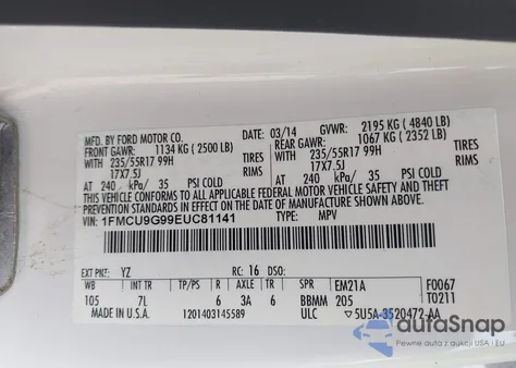 2014 Ford Escape Se from USA, damaged, VIN 1FMCU9G99EUC81141